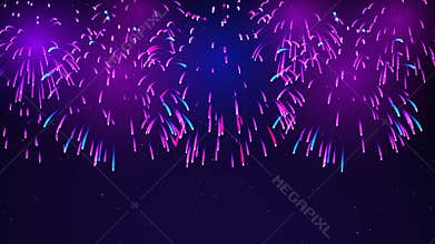 Colorful fireworks on a dark blue background. Bright fireworks in the night sky with stars. Festive sky for bright design