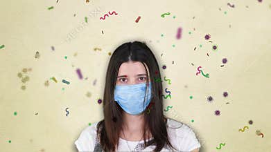 Girl in a blue medical bandage on the background of flying various bacteria, viruses. possible concept of coronavirus