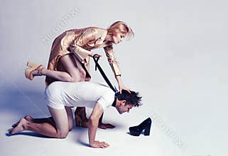 Sexy lady on top. Bondage and Discipline. Dominate obey undress seduce a partner. Thematic bdsm. Obeys man. Gender