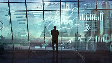 Businessman works with big data in a big office.