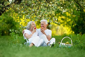 Close up portrait of happy senior couple having picnic