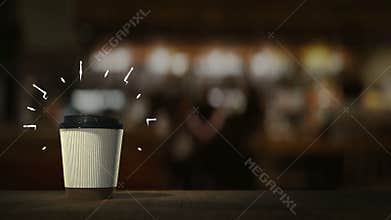 Disposable cups with coffee and cocktails appear in an infinite loop, bar counter table stand. With motion graphics