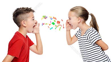 Children shouting out alphabet letters. Speech therapy concept over white background.