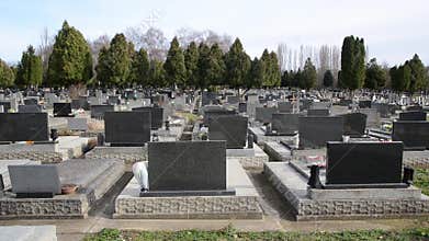 Gravestones and flowers in Catholic Cemetery. Graves and Tombstones. Black headstones in graveyard. Floral decoration and tombs. M