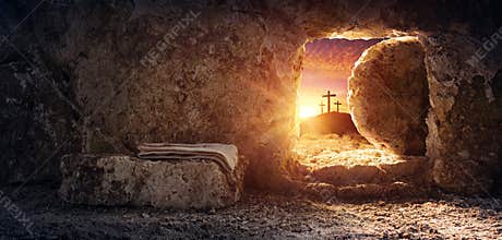 Tomb Empty With Shroud And Crucifixion At Sunrise Resurrection