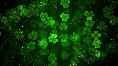 Beautiful motion green leaves of three and four leaf clover bokeh light with glitter dust background for st patrick`s day