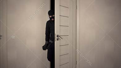 The robber climbed into the house. The masked bandit opened the door and went on toes.