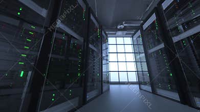 Slow tracking shot of server units in cloud service data center showing flickering light indicators for massive data connection
