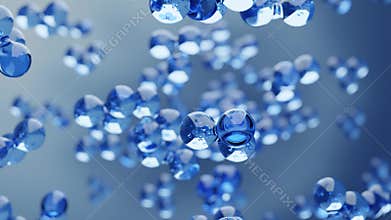 Abstract water hydrogen and oxygen glass molecules floating in blue fluid background with selective focus - environment, water or