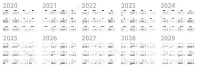 Calendar set in basic design for 2020, 2021, 2022, 2023, 2024, 2025, 2026, 2027, 2028, 2029 years. Week starts on Monday