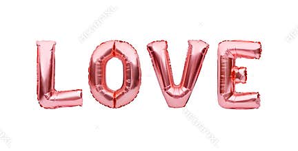 Pink golden word LOVE made of inflatable balloons isolated on white background. Rose gold foil balloon letters, concept of romance