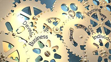Illustration of rotating cogs with words Leadership, Skill, Education, Development, Coach, Individuality, Business, Planning.