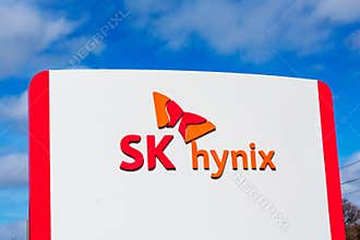 SK hynix logo, butterfly mascot at SK hynix America headquarters of South Korean memory semiconductor supplier