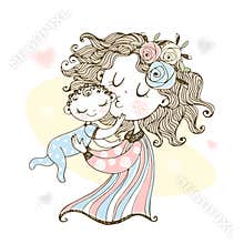 Mother holds her baby in her arms. Mother`s day. Vector