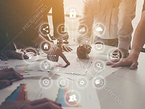Group of business people meeting company performance and growth corporate with information data paper with virtual