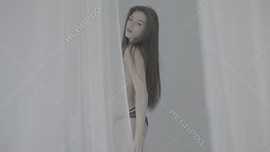 Sexy topless girl with bare breasts. Slow motion