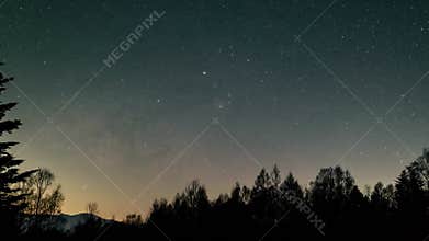 Timelapse of milky way with meteor shower and stars moving in night sky over pine trees and mountain right moving