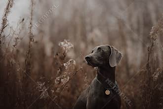 Adorable weimaraner dog sitting outdoors in autumn
