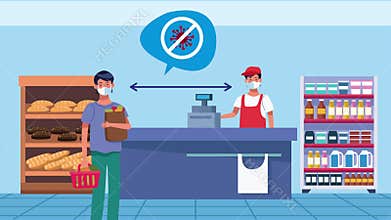 Social distancing campaign with supermarket salesman and man customer