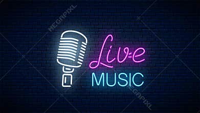 Neon sign of nightclub with live music with retro microphone and animated text Street sign animation of bar with karaoke