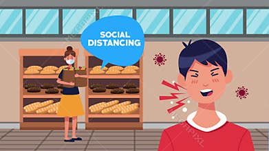 Social distancing campaign with supermarket female customer and man sick
