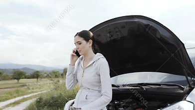 Young woman with broken car calling roadside assistance