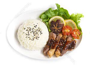 Grill Beef barbecue sauce with rice fusion food Japan style decorate with salad shitake mushrooms