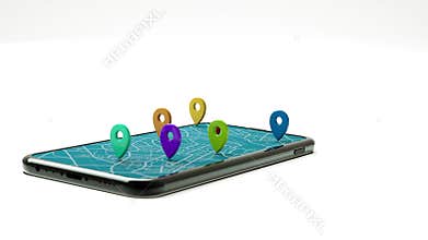 3D Rendering mobile smartphone with destination target pointer and route waypoint, for GPS navigation map mobile application and l