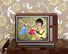 Ad tvl retro nerd housewife cleaning chores