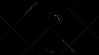Outline silhouette of saxophonist silhouette playing a musical instrument isolated on a black background