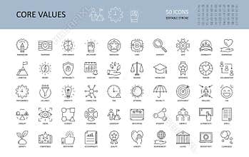 Vector icon core values. Set 50 icons with editable stroke. Values of business company and person. The logic of imagination