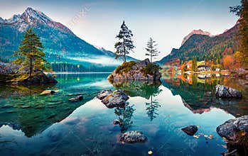 Beautiful autumn scene of Hintersee lake. Colorful morning view of Bavarian Alps on the Austrian border, Germany, Europe. Beauty
