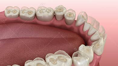 Dental attrition Bruxism resulting in loss of tooth tissue.  Medically accurate tooth 3D animation