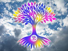 The tree of life with an om / aum / ohm sign on a clouds sky background. Spiritual mystical and environmental symbol.