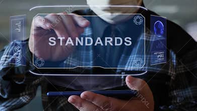 Old man shows hologram with text Standards