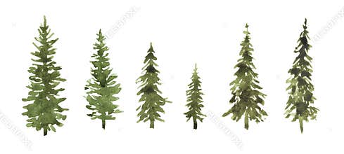 Cute watercolor set of green pine trees for Christmas and New Year decoration. Tree silhouettes illustrations isolated on white ba