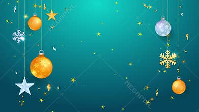 Tree bulbs stars snowflakes and confetti hanging on background