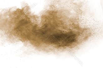 Brown powder dust cloud.Brown particles splattered on white background