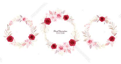 Floral wreath vector set. Wreath arrangements illustration of red and peach roses with gold leaves, branch. Botanic elements for