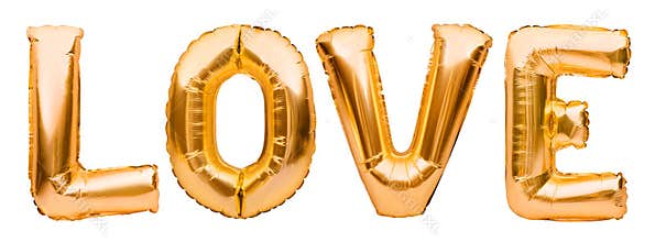 Golden word LOVE made of inflatable balloons isolated on white background. Gold foil balloon letters, concept of romance,