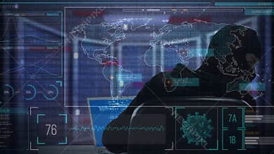 Animation of a hacker hooded man over a computer displaying information, world map marks red zones