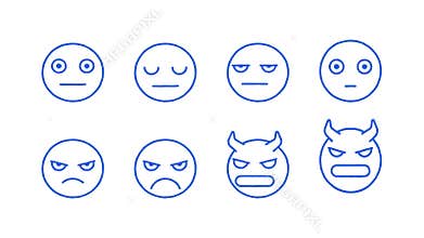Doodle emoticons stickers set serious angry demon. Transparent background