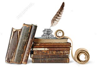Old books, inkstand and scroll