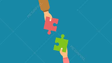 Teamwork concept. Businessman hold in hands and connect the pieces of jigsaw puzzle. Team work business metaphor. 4K video