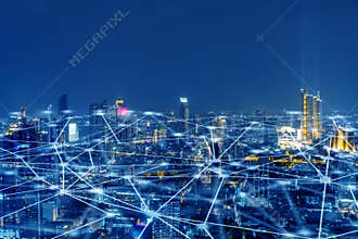 Wireless network, Connection technology concept, Information communication network, abstract line connection on night city