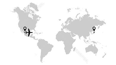 Airplane flying on world map with location pin. 4K video with alpha channel.