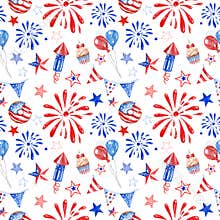 Festive 4th of July american seamless pattern with watercolor red, white and blue balloons, fireworks, stars on white background