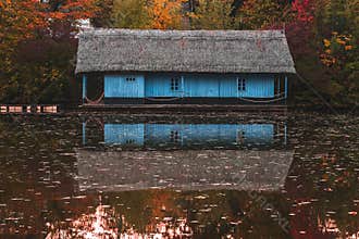 Wooden house view on the lake