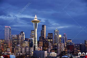 Seattle Skyline with Space Needle Tower at Dusk