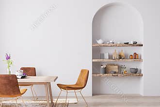 Interior design of modern dining room with orange furniture, Scandinavian style